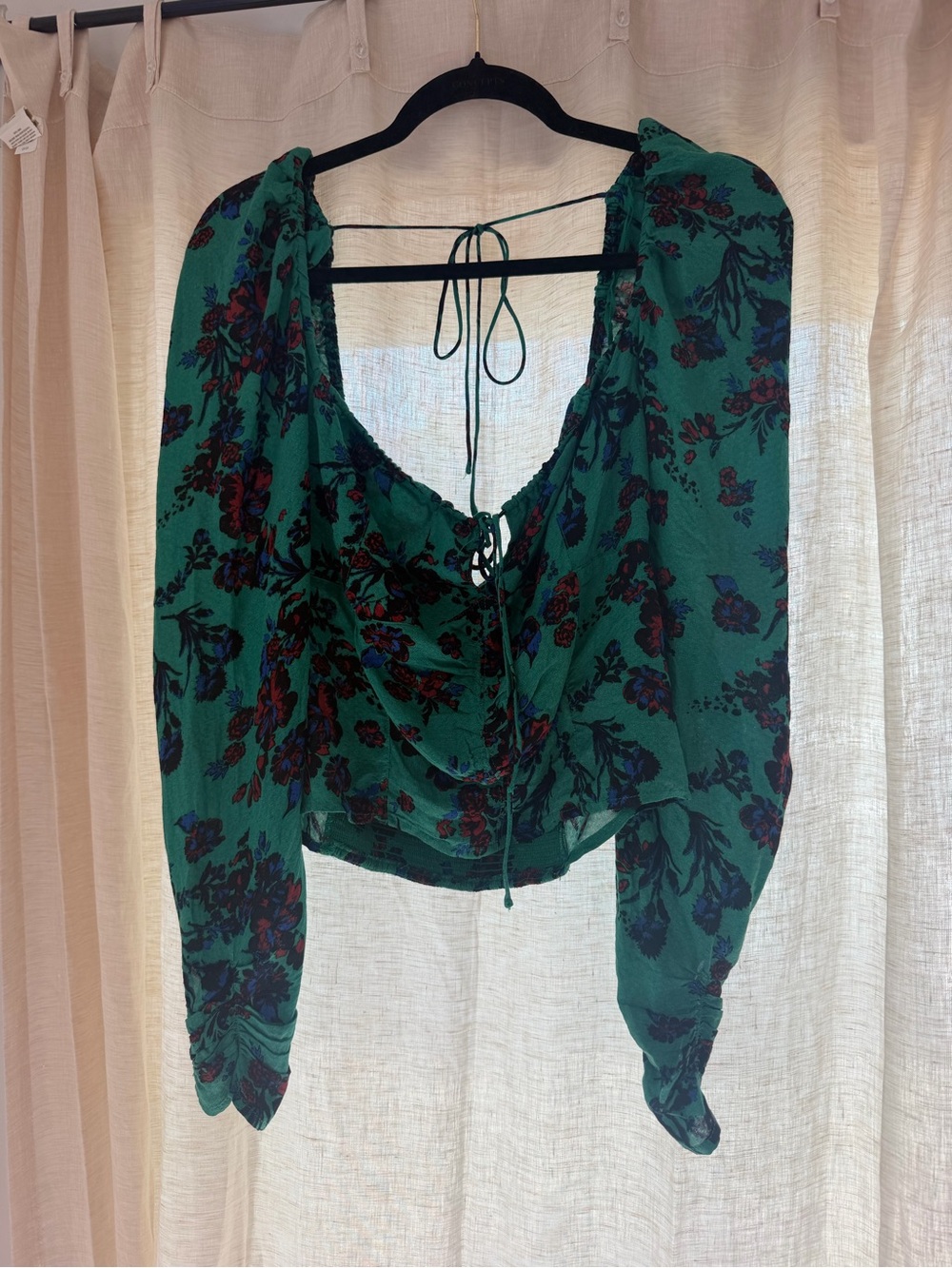 Free People Teal Floral Tie-Back Blouse